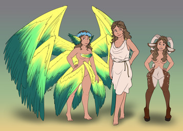 breasts brown_body brown_fur brown_hair clothing feathers female fur green_body green_feathers grey_background group hair hooves horn looking_at_viewer loose_feather multi_wing nude simple_background smile standing tail toga wings halcy0n european_mythology greek_mythology mythology avian harpy human humanoid mammal mythological_avian mythological_creature satyr 2026 digital_media_(artwork) hi_res