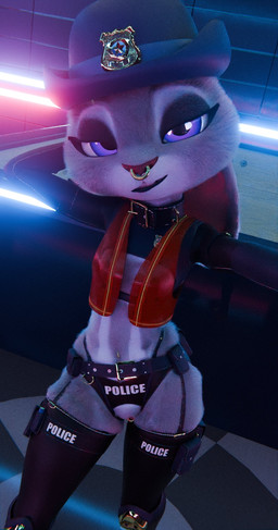 anthro bedroom_eyes belt black_clothing black_underwear breasts clitoris clitoris_piercing clothed clothing collar countershading eyeshadow facial_piercing female female_anthro fur garter_belt garter_straps genital_piercing genitals grey_body grey_fur grey_tail half-closed_eyes hat headgear headwear jacket jewelry latex legwear looking_at_viewer makeup midriff multicolored_body multicolored_fur narrowed_eyes navel navel_piercing nose_piercing nose_ring panties piercing pivoted_ears police police_hat police_uniform purple_eyes ring ring_(jewelry) ring_piercing seductive selfie septum_piercing septum_ring skimpy small_breasts smile solo standing stockings straps tail text thick_thighs thigh_highs topwear two_tone_body two_tone_fur underwear uniform vulva vulva_piercing white_body white_countershading white_fur wide_hips nishikt pochemu_(modeler) disney zootopia judy_hopps lagomorph leporid mammal rabbit 3d_(artwork) digital_media_(artwork) english_text hi_res