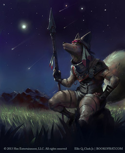 anthro grass holding_melee_weapon holding_object holding_polearm holding_spear holding_weapon jewelry looking_up male melee_weapon moon mountain night on_rock outside pendant plant polearm rock sitting sitting_on_rock spear star text weapon tealfuleyes hex:_shards_of_fate canid mammal 2013 english_text official_art