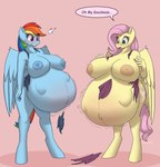 5_fingers absurd_res anthro anthrofied areola belly big_belly big_breasts blue_areola blue_body blue_feathers blue_nipples breast_expansion breasts bumpywish clothing collarbone cutie_mark dialogue duo embarrassed english_text equid equine expansion eyelashes feathered_wings feathers female fingers fluttershy_(mlp) friendship_is_magic growth hair hasbro hi_res huge_breasts hyper hyper_breasts hyper_pregnancy inverted_nipples mammal multicolored_hair my_little_pony mythological_creature mythological_equine mythology nipples omg open_mouth open_smile pegasus pink_hair pink_tail pregnant pregnant_expansion pregnant_female rainbow_dash_(mlp) rainbow_hair smile speech_bubble standing swimwear tail tan_areola tan_nipples text torn_clothing unborn_kicking wings yellow_body yellow_feathers