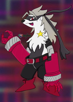 ambiguous_gender anthro belt bottomwear clothing cybernetic_arm cybernetic_limb footwear fur grey_body grey_fur grey_hair hair mask mechanical_arm open_mouth pants red_eyes shoes solo star teeth white_body white_fur zipper uxernobi bandai_namco digimon digimon_beatbreak digimon_(species) wolvermon 2025 digital_media_(artwork) hi_res