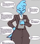 2022 anthro avian beak bird blue_body blue_feathers clothed clothing dialogue english_text feathers female front_view fully_clothed hi_res looking_down lurkin meme offscreen_character portrait solo speech_bubble suit text three-quarter_portrait tweetfur twitter