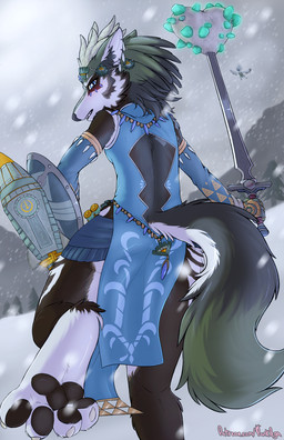 anthro anthrofied arm_warmers armwear black_pawpads blue_clothing blue_dress blue_eyes blush brown_body brown_fur clothed clothing crossdressing detailed_background digitigrade dress duo ear_piercing femboy frostbite_armor fur headgear headwear holding_melee_weapon holding_object holding_shield holding_sword holding_weapon jewelry looking_at_viewer looking_back looking_back_at_viewer male melee_weapon multicolored_body multicolored_fur outside pawpads paws piercing rear_view shield snow solo_focus sword tail two_tone_body two_tone_fur weapon white_body white_fur punkpega nintendo the_legend_of_zelda link_(wolf_form) tulin_(tloz) avian canid canine canis mammal rito wolf 2023 hi_res
