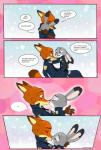 anthro bodily_fluids clothing clothing_pull eyes_closed female fur head_grab hug kissing male necktie necktie_pull scratches simple_background snow tears text frava8 disney zootopia judy_hopps nick_wilde canid canine fox lagomorph leporid mammal rabbit red_fox true_fox comic english_text hi_res