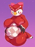 accessory anthro beak belly belly_grab big_belly big_breasts blush blush_stickers bow_ribbon breasts checkered countershade_face countershade_torso countershading feathers female hair_accessory hair_bow hair_ribbon nipples non-mammal_breasts overweight overweight_female potbelly red_body red_feathers ribbons solo thick_thighs white_body white_feathers behniis animal_crossing nintendo celeste_(animal_crossing) avian bird owl 3:4 hi_res