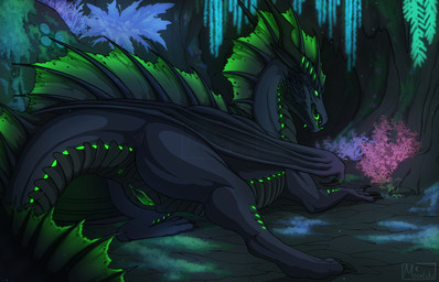 4_horns anus big_tail black_body black_claws black_scales butt cave claws clitoris detailed_background digitigrade dorsal_frill female feral forest frill_(anatomy) genitals glowing glowing_eyes glowing_genitalia glowing_markings glowing_plants glowing_tongue green_anus green_eyes green_frill green_tongue green_vulva head_crest head_frill horn humanoid_genitalia humanoid_genitalia_on_feral humanoid_vulva humanoid_vulva_on_feral long_neck long_tail markings membrane_(anatomy) membranous_wings multi_horn multi_tongue nature nature_background no_pupils open_mouth paws plant quadruped scales smile snout solo spines tail thick_tail toe_claws tongue tongue_out tree unusual_anatomy urethra vulva wings moonski european_mythology mythology vethrax_(skyebold) dragon mythological_creature mythological_scalie scalie western_dragon 2022 alternate_version_at_source colored digital_drawing_(artwork) digital_media_(artwork) hi_res
