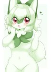 abstract_background anthro anthrofied big_ears big_eyes blush breasts chest_tuft cute_fangs eyelashes fangs featureless_breasts featureless_crotch female fluffy green_body green_hair hair handpaw heart_symbol kemono looking_at_viewer navel nude open_mouth paws pokemorph red_eyes solo teeth translucent translucent_hair tuft kuzuyu nintendo pokemon felid feline generation_9_pokemon mammal pokemon_(species) sprigatito hi_res portrait three-quarter_portrait