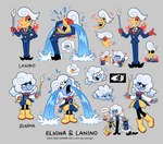 bodily_fluids clothed clothing crying dress duo female grey_background male necktie not_furry rubber_boots simple_background suit tears text nelnal deltarune undertale_(series) elnina_(deltarune) lanino_(deltarune) darkner elemental_creature elemental_humanoid humanoid character_name hi_res model_sheet official_art