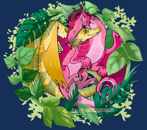 abstract_background ambiguous/ambiguous ambiguous_gender canon_couple claws duo fangs feral finger_claws frill_(anatomy) green_eyes leaf long_neck long_tail membrane_(anatomy) membranous_frill pink_body pink_eyes pink_scales scales simple_background smile snout tail teeth toe_claws transparent_background wing_claws wings yellow_body yellow_scales biohazardia mythology wings_of_fire jambu_(wof) pineapple_(wof) dragon mythological_creature mythological_scalie rainwing_(wof) scalie alpha_channel shaded watermark male_(lore)
