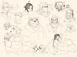 anthro black_hair braided_hair braided_ponytail chibi chips_(food) eating eyewear food glasses group hair kerchief male musclegut muscular ponytail text yuunatu lifewonders live_a_hero tokyo_afterschool_summoners akashi_(live_a_hero) crowne_(live_a_hero) female_protagonist_(tas) huckle mokdai oguchi_magami_(tas) protagonist_(tas) sui_(live_a_hero) the_broker zhurong_(tas) ailurid animal_humanoid canid canine canis domestic_dog human humanoid mammal red_panda wolf hi_res japanese_text sketch_page