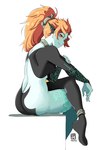 5_fingers breasts butt feet female fingers hair humanoid_pointy_ears long_hair looking_at_viewer markings not_furry nude ponytail red_eyes side_boob simple_background sitting solo toes white_background autogiraffe nintendo the_legend_of_zelda twilight_princess midna_(true_form) humanoid twili 2023 hi_res signature