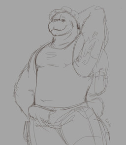 armpit_hair backpack body_hair clothed clothing erection erection_under_clothing hat headgear headwear male shirt solo tank_top three-quarter_view topwear palister35 bear mammal absurd_res black_and_grey hi_res monochrome sketch