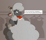 annoyed anthro asking asking_viewer belly big_belly black_clothing black_eyes black_topwear black_vest bodily_fluids bottomless bottomless_anthro bottomless_male brown_clothing brown_hat brown_headwear brown_hooves button_(fastener) clenched_teeth clothed clothing clothing_rack dress fur furrowed_brow furrowed_eyebrows grey_body grey_fur grey_hair grey_wall hair hat headgear headwear hoof_hands hooves inside looking_back male male_anthro motion_lines multicolored_body multicolored_fur obese obese_anthro obese_male open_clothing open_topwear open_vest overweight overweight_anthro overweight_male pockets question red_scarf scarf short_hair side_view simple_background solo speech_bubble sweat sweatdrop talking_to_viewer tan_inner_ear teeth text thick_thighs topwear two_tone_body two_tone_fur vest wall_(structure) wool_(fur) espyfur fleece_(brokenpart) bovid caprine mammal sheep 2024 colored digital_drawing_(artwork) digital_media_(artwork) english_description english_text hi_res portrait three-quarter_portrait