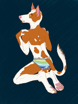 3:4 4_toes anthro beard biped briefs brown_body brown_fur canid canine canis claws clothed clothing domestic_dog facial_hair feet full-length_portrait fur furgonomics green_eyes hindpaw kneeling looking_at_viewer looking_back male mammal multicolored_body multicolored_fur pawpads paws pink_nose portrait rear_view sarvix simple_background solo spots tail tail_clothing toe_claws toes topless two_tone_body two_tone_fur underwear white_body white_fur