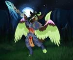 angel_dragon anthro biped brown_wings clothed clothing dragon eyewear feathers full_moon fur glasses grass green_wings hair hill holding_melee_weapon holding_object holding_sword holding_weapon looking_at_viewer male melee_weapon moon mountain multicolored_wings mythological_creature mythological_scalie mythology night outside partially_clothed pink_wings plant scalie sky solo source_request standing star sword tail tree twixxel_minty unknown_artist weapon wings