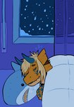 ambiguous_gender anthro bed blue_horn blue_markings eyes_closed facial_markings furniture head_markings horn inside markings on_bed orange_body plushie sleeping solo sound_effects text vowelless vowelless_sound_effect window zzz 0ct0m0n0 ikea blahaj artist_name hi_res