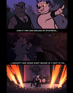 3_panel_comic anthro band blue_sclera brown_body brown_eyes clothing comic_panel concert crowd crowded duo_focus fire gesture group hand_gesture happy male muscular muscular_male open_mouth pecs pointing shirt show silhouette smile stage tank_top text topwear yellow_sclera rygel_spkb milo_(rygel_spkb) yoby_(rygel_spkb) canid canine canis domestic_dog mammal wolf absurd_res comic english_text hi_res multiple_scenes