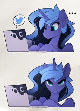 blue_body blue_eyes coffee_mug computer cutie_mark electronics female feral horn laptop looking_at_viewer simple_background solo speech_bubble twitter_logo unimpressed yakovlev-vad friendship_is_magic hasbro my_little_pony mythology twitter princess_luna_(mlp) equid equine horse mammal mythological_creature mythological_equine pony unicorn 2022 absurd_res digital_media_(artwork) hi_res