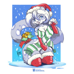 anthro armwear blue_eyes breasts christmas_clothing christmas_headwear clothing elbow_gloves female fur gloves grey_body grey_fur hair handwear hat headgear headwear holidays legwear santa_hat solo tail thigh_highs white_hair kiaun christmas felid mammal pantherine snow_leopard 1:1 2025 hi_res