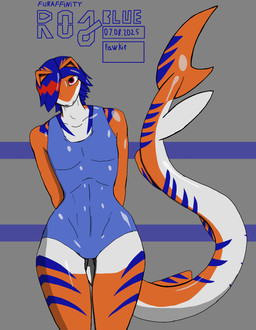 andromorph anthro big_tail blue_hair blue_stripes curvy_figure fin hair hourglass_figure intersex orange_body orange_skin red_eyes red_hair solo stripes tail thick_thighs thigh_gap voluptuous voluptuous_intersex wide_hips rojblue changed_(video_game) fan_character canid canine fish fox goo_creature hybrid mammal marine requiem_shark shark tiger_shark absurd_res hi_res