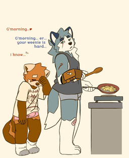 anthro band-aid bandage blue_body blue_fur brown_body brown_fur bulge clothing cooking cookware countershade_arms countershade_legs countershade_tail countershading duo footwear frying_pan fur gloves grey_clothing handwear kitchen_utensils male markings neck_tuft orange_body orange_fur oversized_clothing pink_clothing rubbing_eye scar socks striped_body striped_fur striped_markings striped_tail stripes tail tail_markings tired tools tuft underwear imnothere ailurid canid canine canis domestic_dog husky mammal nordic_sled_dog red_panda siberian_husky spitz hi_res
