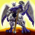 abs anthro beak biceps big_bulge big_muscles biped blue_body blue_feathers bulge clothed clothing feathered_wings feathers feet grey_body grey_feathers hammer huge_muscles male melee_weapon muscular muscular_anthro muscular_male pecs simple_background solo standing talons thong toes tools topless underwear warhammer weapon wings yellow_sclera cyran sova avian bird owl 1:1 absurd_res hi_res