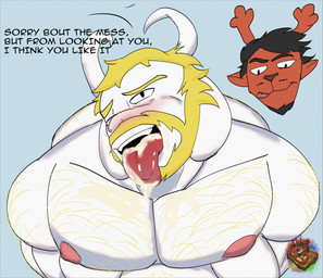 anthro antlers barazoku beard blonde_hair bodily_fluids brown_body butt cum duo erection facial_hair fellatio fur genital_fluids genitals hair horn long_ears male male/male mature_anthro mature_male nipples nude open_mouth oral pecs penile sex simple_background smile text white_body white_fur unknowinglytea deltarune undertale undertale_(series) asgore_dreemurr rudolph_holiday boss_monster_(undertale) bovid caprine deer goat mammal new_world_deer reindeer digital_media_(artwork) english_text hi_res