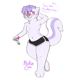 anthro bottomwear clothing curly_hair eyewear femboy fur glasses hair hotpants light_body light_fur male markings nerd pawpads pink_eyes pink_nose shorts shy_smile skunk_tail solo spots spotted_markings vr_controller kippyskippy karma_(kippyskippy) mammal mephitid skunk hi_res
