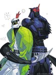 abs anthro athletic athletic_anthro athletic_male black_body blade blush clothing duo fishnet_clothing fishnet_legwear horn legwear male male/male mask ninja scroll tail tail_blade tail_hug veil warrior weapon_tail yellow_eyes confeito000_333 bandai_namco digimon digimon_(species) fumamon scalie shurimon hi_res