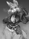 anthro bodily_fluids breasts cleavage clothed clothing female fur kemono looking_at_viewer open_mouth open_smile simple_background smile solo sweat underwear sleepiness18 canid canine fox mammal 2022 absurd_res greyscale hi_res monochrome