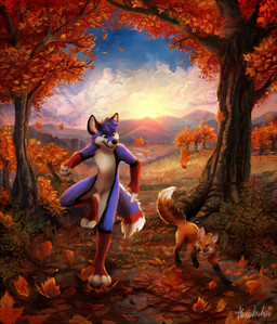 ambiguous_gender anthro autumn black_nose blue_body blue_fur blue_sky cloud detailed_background duo fallen_leaves feet feral fur grass head_tuft hindpaw male mountain nature nude open_mouth open_smile orange_body orange_fur paws plant red_body red_fur running sky smile sunset tail tree tuft white_body white_fur thanshuhai foxalbiazul canid canine fox mammal red_fox true_fox 2015 digital_media_(artwork) digital_painting_(artwork) hi_res painting_(artwork) shaded