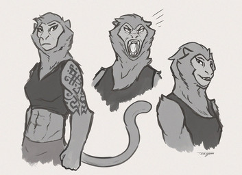 abs anthro biceps breasts clothed clothing crop_top female fully_clothed looking_at_viewer midriff muscular muscular_female open_mouth shirt solo tank_top tattoo teeth tongue topwear tenynn haplorhine mammal monkey primate 2021 digital_media_(artwork)