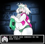 anthro bedroom belly belly_overhang blush bodily_fluids bulge caught_in_the_act clothed clothing dialogue dialogue_box eyebrows eyewear fur glasses holding_clothing holding_object horn inside looking_at_viewer male navel open_mouth overweight overweight_anthro overweight_male scarf solo standing surprised_expression sweat sweatdrop talking_to_viewer text thick_thighs topless topless_anthro topless_male tuft underwear undressing pedrodesenhador deltarune undertale_(series) ralsei bovid caprine darkner goat mammal 2025 english_text hi_res