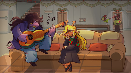 acoustic_guitar anthro blonde_hair bottomwear brown_body brown_fur brown_hair clothing denim denim_bottomwear denim_clothing female freckles fur furniture group guitar hair inside jeans male musical_instrument pants plucked_string_instrument purple_body scene_interpretation sitting sofa string_instrument trio stephsartlab deltarune undertale_(series) kris_dreemurr noelle_holiday susie_(deltarune) deer human mammal new_world_deer reindeer scalie soul_(undertale) 16:9 2025 hi_res widescreen