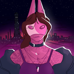 arm_tattoo brown_hair city city_background clothing coat collar ear_piercing facial_piercing female hair jewelry lip_piercing mask neck_tattoo necklace piercing shoulder_tattoo sky solo star starry_sky sunset tattoo topwear notbop humanoid 1:1 hi_res