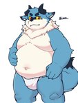 anthro asian_clothing belly blue_body clothing east_asian_clothing fundoshi horn japanese_clothing male overweight overweight_male red_eyes solo underwear white_body white_clothing white_fundoshi white_underwear binca_233 demon 3:4 hi_res