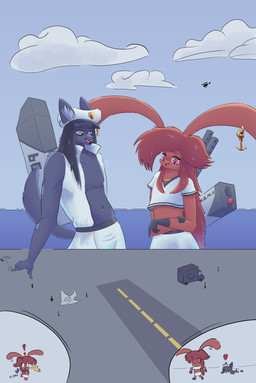 anthro black_hair butt_slap duo femboy fur green_eyes grey_body grey_fur hair macro macro_male male male/male purple_eyes red_body red_fur red_hair size_difference slap spanking yomi_(yomi) yomi_(artist) canid canine canis lagomorph leporid mammal rabbit wolf hi_res