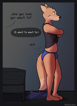 anthro bed bedroom briefs clothing dialogue furniture male male/male shirt simple_background solo standing tank_top thought_bubble topwear underwear undressing_self ravalska rav_alska canid canine fox mammal absurd_res hi_res
