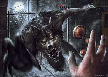 5_fingers angry anthro attack black_body black_fur black_nose claws coin detailed_background duo fingers first_person_view full_moon fur looking_at_viewer moon night open_mouth outside plant sharp_teeth teeth town tree yellow_eyes blewzen_(artist) mythology canid canine human mammal mythological_canine mythological_creature werecanid werecanine werecreature werewolf 2017
