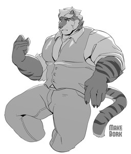 anthro bottomwear claws clothed clothed_male clothing collared_shirt dress_shirt forearms hair looking_at_viewer male pants pecs serious serious_face shirt short_hair simple_background snout solo stripes tail topwear triangle_nose vest white_background makebork kygehn felid mammal pantherine tiger greyscale hi_res monochrome