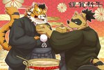 alcohol anthro asian_clothing beverage brown_body brown_fur clothing duo east_asian_clothing fur green_eyes humanoid_hands japanese_clothing kemono male overweight overweight_male sake yellow_eyes rockmai3 sengoku_puzzle raiden_tameemon tokugawa_ieyasu canid canine felid mammal pantherine raccoon_dog tanuki tiger 2022 hi_res