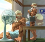 anthro anthrofied bodily_fluids bottomwear bulge calendar carton claws clothed clothing duo electric_fan eyes_closed heat_(temperature) male milk moomoo_milk oscillating_fan overheated pawpads paws pokemorph red_eyes shorts sitting standing sweat tail topless towel towel_on_shoulder underwear biri riot41 nintendo pokemon arcanine canid canine generation_1_pokemon generation_3_pokemon humanoid jirachi legendary_pokemon mammal pokemon_(species)