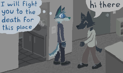 anthro blue_body blue_fur clothed clothed_male clothing detailed_background dialogue duo fangs fully_clothed fully_clothed_male fur inside landlord male open_mouth open_smile smile speech_bubble teeth text thought_bubble demensa emil_(demensa) canid canine canis coyote domestic_dog mammal 5:3 digital_media_(artwork) english_text hi_res pixel_(artwork)