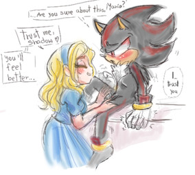 5_fingers accessory animal_genitalia anthro bangs becoming_erect black_body black_fur black_nose blonde_hair blue_clothing blue_dress blue_headband blush breasts chest_tuft clothed clothing dialogue dress duo encouragement eyes_closed facing_each_other female female_human female_on_anthro fingers footwear fur genitals gloves hair half-erect hand_on_leg hand_on_thigh handwear headband heart_symbol human_on_anthro humanoid_hands interspecies long_hair looking_at_another male male/female male_on_human multicolored_body multicolored_fur nervous parted_bangs penis penis_poking_out red_body red_eyes red_fur shaking sheath shoes simple_background sitting smile tail tan_body tan_skin text touching_leg touching_thigh trusting tuft unsure white_background white_body white_fur young rielaartzie sega sonic_the_hedgehog_(series) maria_robotnik shadow_the_hedgehog eulipotyphlan hedgehog human mammal english_text