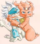 anthro blush chest_tuft duo fur hug kneeling male male/male possessive surprise tuft u.t. bandai_namco digimon coronamon digimon_(species) felid mammal spadamon