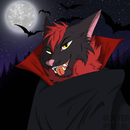 anthro black_body black_fur blood bodily_fluids clothed clothing ear_frill ear_piercing ear_ring frill_(anatomy) full_moon fur hair looking_at_viewer male membrane_(anatomy) moon neck_tuft piercing pink_nose red_body red_fur red_hair ring_piercing simple_background sky solo star starry_sky tongue tuft yellow_eyes slayerportal razor_the_flying_fox-bat bat canid canine fox hybrid leaf-nosed_bat mammal microbat vampire vampire_bat yangochiropteran 1:1