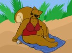 alcohol anthro beach beach_towel beer beverage big_breasts big_butt big_tail breasts butt cigarette clothing eyewear female mature_female one-piece_swimsuit sand seaside solo sunglasses swimwear tail thick_thighs towel axentooth illah_(axentooth) mammal rodent sciurid tree_squirrel