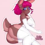 1:1 anthro big_butt blue_eyes breasts brown_body brown_fur butt chelsea_(dkside41) chest_tuft clothed clothing female fur glistening glistening_hair hair hi_res lagomorph leggings legwear leporid looking_at_viewer lying mammal on_side pink_hair rabbit scar smile solo thick_thighs tuft vonnir