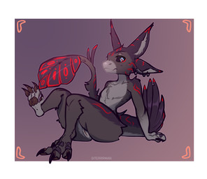 4_ears anthro border ear_piercing feathers female genitals multi_ear paws piercing sitting solo vulva white_border giterrrman avali absurd_res hi_res