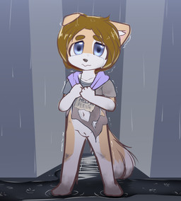 anthro blue_eyes bodily_fluids bottomless brown_hair clothed clothing crying female fur genitals hair homeless looking_at_viewer navel paper raining sad shirt solo standing tan_body tan_fur tears text topwear torn_clothing vulva wet white_body white_fur young young_anthro young_female delicious_(artist) sophia_(delicious) border_collie canid canine canis collie domestic_dog herding_dog mammal pastoral_dog sheepdog absurd_res english_text hi_res